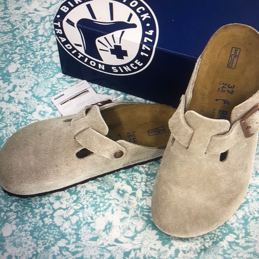 Birkenstock Boston Suede Leather Soft Footbed Women’s Clog Taupe
